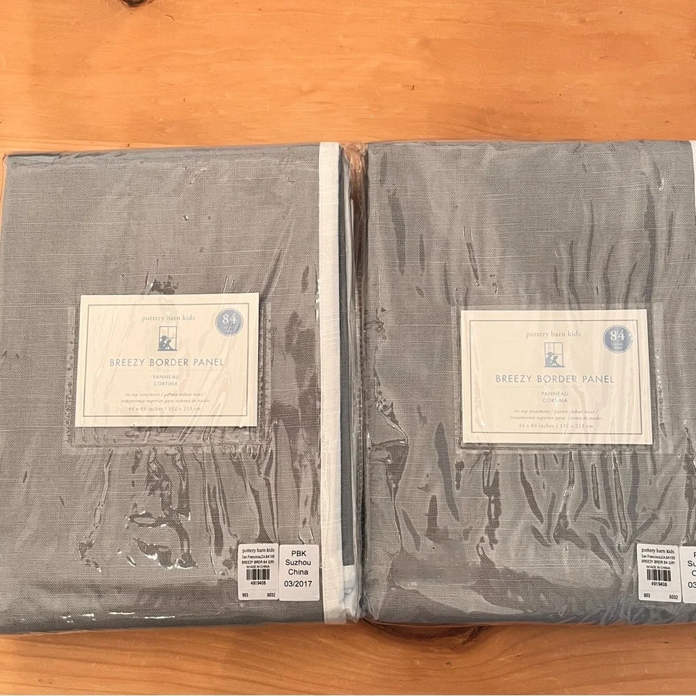 NEW 2 Pottery Barn Kids PBK Breezy Border Panel Drapes 44 x 84” Gray w/White Tie